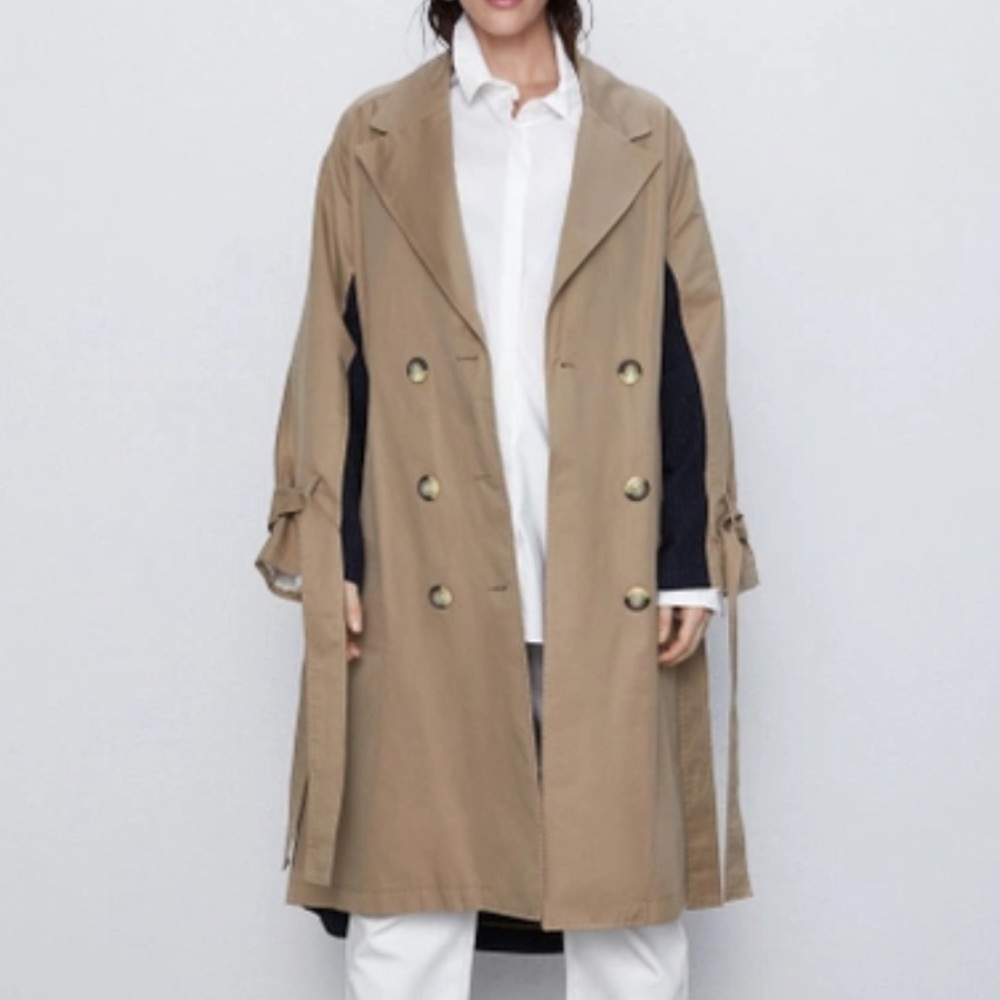 ZARA NEW SS2020 CONTRASTING TRENCH COAT DARK CAMEL 1255/262